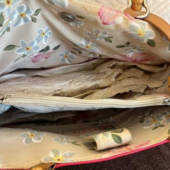 Fossil Bamboo Wooden Handle Woven Satchel Crossbody Pink Purse - Picture 9 of 12